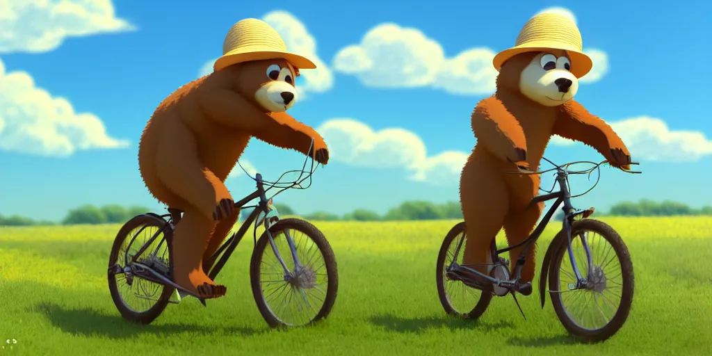 Image similar to shot of a cute bear on a bike wearing a sunhat studio ghibli pixar disney animation sharp render