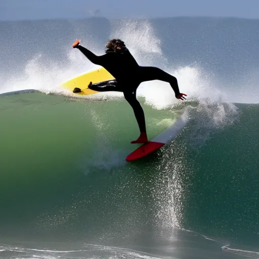 Prompt: action photo of a surfer surfing a tsunami about to crush the golden gate, action photograph