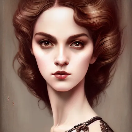 Image similar to tom bagshaw portrait, very beautiful dollpunk in a full dress and long thin lustrous auburn hair, professionally retouched, ultra realistic soft painting, perfectly detailed linework, symmetrical accurate intricate features, behance, focus