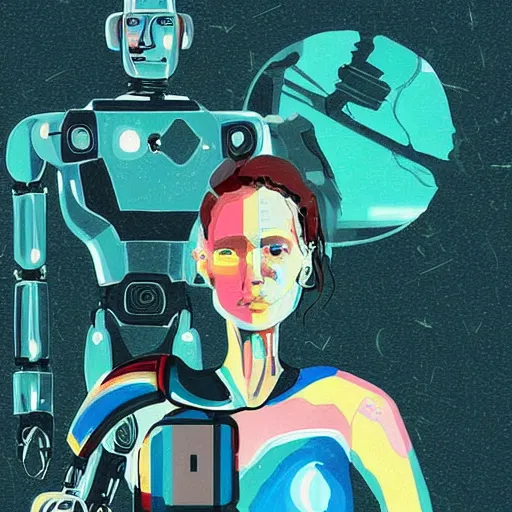 Image similar to Woman and her robot against the world. Rough strokes and grainy. Interesting colour scheme. Detailed. Beautiful digital artwork by artist Lurid. (2022)