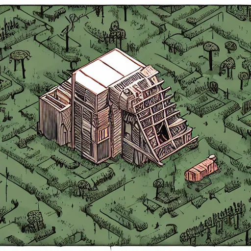 Prompt: in the style of ghostshrimp and deathburger and laurie greasley an isometric view of a giant decaying robot head in a forest that has been turned into a quaint house, highly detailed, 8k wallpaper