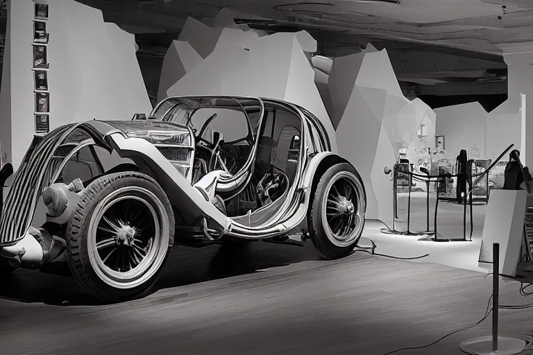 Image similar to cyberpunk 1 9 2 6 bugatti type 3 5, volumetric lighting, in a museum, museum exhibit, museum lighting, 9 0 s film photo