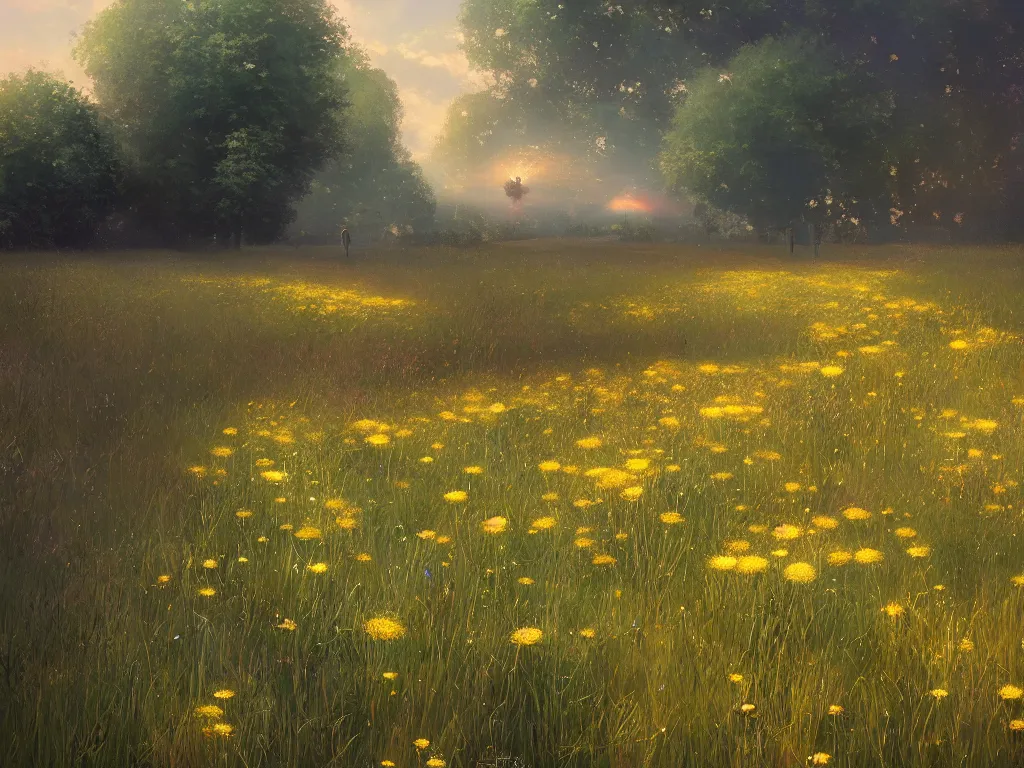 Prompt: a field of dandelions blowing in the wind, emitting light of all colors of the rainbow by greg rutkowski and thomas kinkade, trending on artstation.