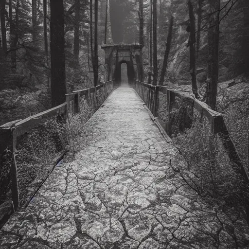 Prompt: photography of an old bridge over a dried river next to a haunted dark foggy forest with pine trees and mist, where monsters peer out waiting to pounce,