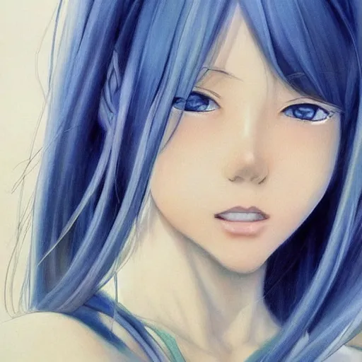 Image similar to Beautiful lonely girl, blue hair, symmetrically, smiling, anime style, pixiv, pinterest anime, full color, colorful, artist Steve Hanks, artist Alyssa Monks, endless summer art, artist WLOP artstation, artist Mam BA artstation, artist Arata Yokoyama, real photo, very detailed, realistic proportions, knowledge of anatomy, anatomy for beginners, true proportions, artstation trends, octane render, ray tracing, volumetric light