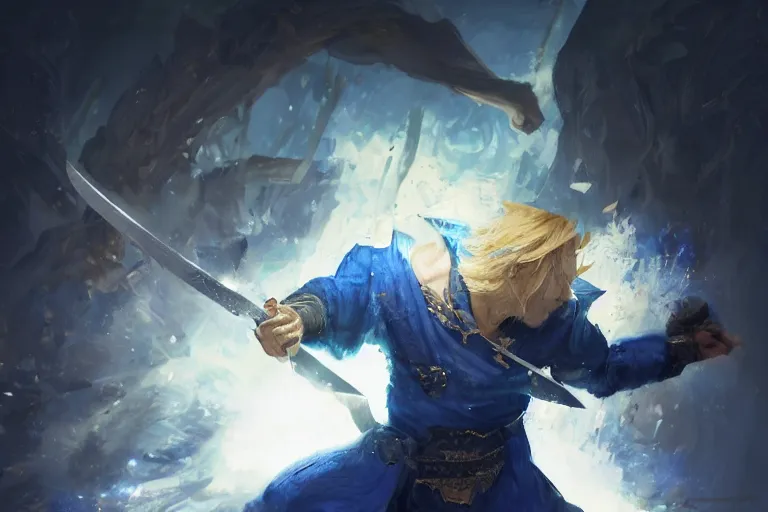 Image similar to a blonde man in a blue suit with a sword attacking a filipino fighter with a rune blade, d & d, heartstone, digital painting, volumetric light, intricate, sharp, focus, bloom, illustration, highly detailed, concept art, matte, ruan jia, randy vargas, greg rutkowski