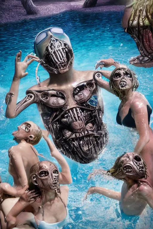 Image similar to summer swimming party, body horror, h.r. Giger, octane render