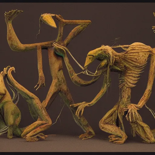 Prompt: weird and strange creatures, painted by max ernst, but as clay figures, octane render