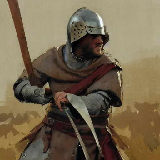 Image similar to man wearing gambeson and medieval helmets, swining sword, fighting, detailed by greg manchess, craig mullins, bernie fuchs, walter everett