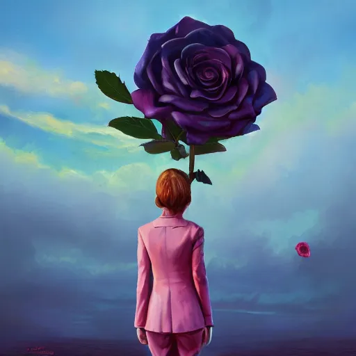 Image similar to closeup, giant rose flower head, frontal, girl in a suit, surreal photography, sunrise, blue sky, dramatic light, impressionist painting, digital painting, artstation, simon stalenhag