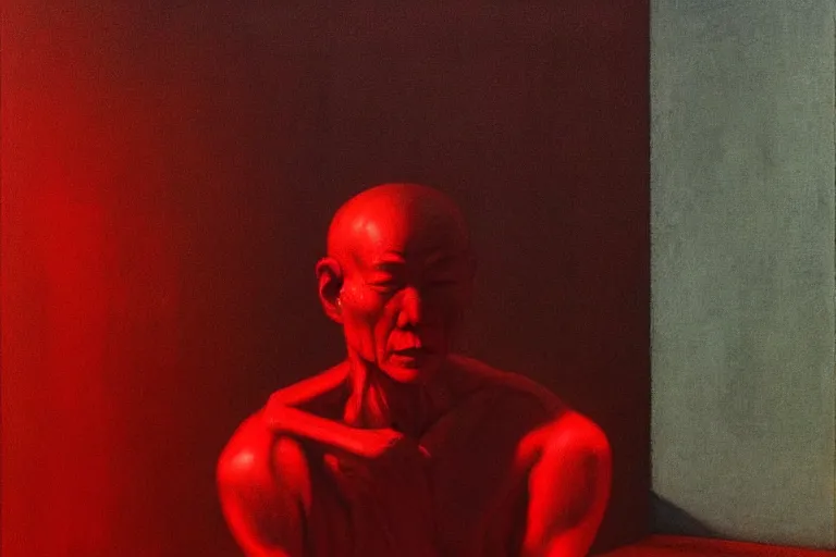 Image similar to a chinese prisoner, in the style of beksinski, parts by edward hopper, parts by rodcenko, parts by yue minjun, intricate and epic composition, red by caravaggio, insanely quality, highly detailed, masterpiece, red light, artstation, 4 k