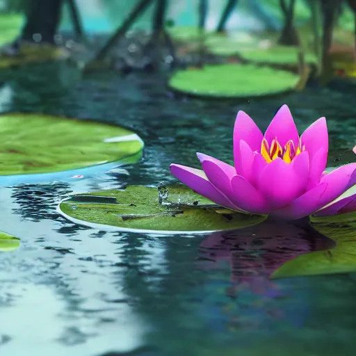 Prompt: a closeup photograph of waterlily gundam stepping out of a pond with a lazer rifle dripping water. film still. brightly lit scene. this 4 k hd image is trending on artstation, featured on behance, well - rendered, extra crisp, features intricate detail, epic composition and the style of unreal engine.