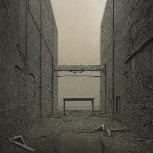 Prompt: Industrial yard. Vacant. Eerie. Unsettling. Zdzisaw Beksinski