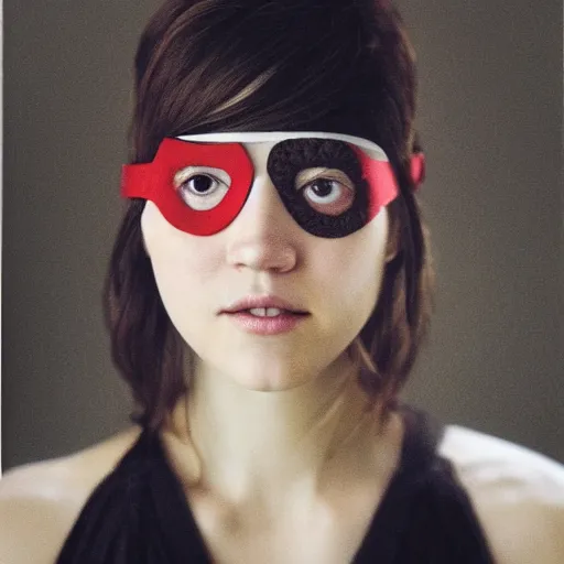 Image similar to a masterpiece portrait photo of a blindfold beautiful young woman who looks like elizabeth winstead, symmetrical face