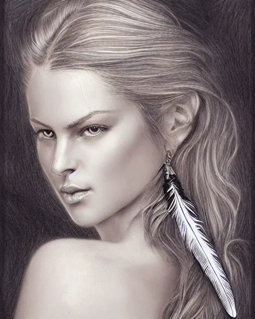 Prompt: pencil drawing of beautiful greek goddess aphrodite with arrowhead earrings and beautiful feather jewelry, beautiful piercing eyes, beautiful blonde hair flying in the wind, hyper realistic face, in the style of greg rutkowski, fantasy, amazing detail, epic, elegant, smooth, sharp focus, from the front