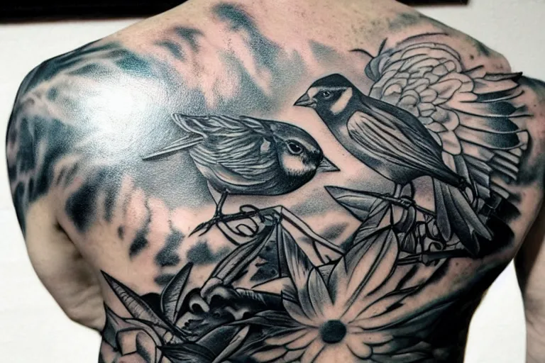 Image similar to three sparrows tattooed on man back, grunge, trash polkadot, fast moving, high detailed, high contrast, cold colors, best work, first in show