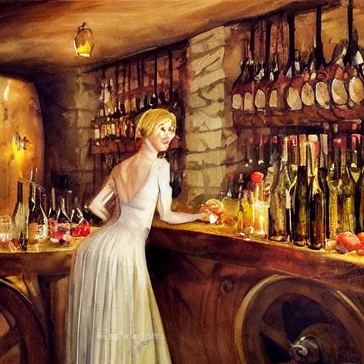 Image similar to beautiful blonde in hot dress in a wine cellar, food, pork, beer, schnapps, rustic, traditional, torches on the wall, watercolor by vladimir volegov and anders zorn, highly detailed, masterpiece
