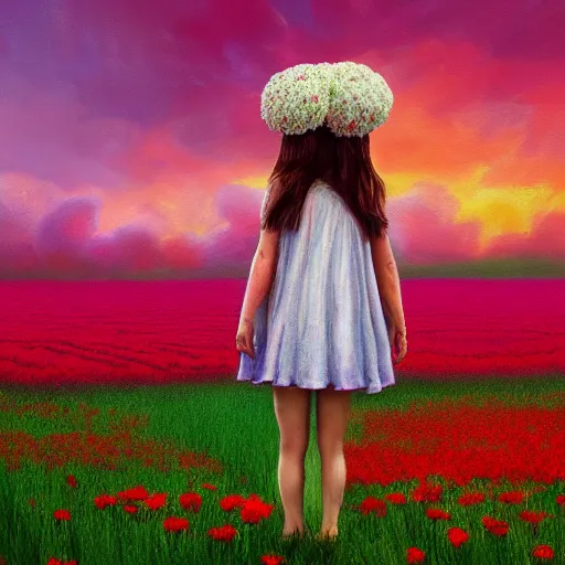 Image similar to head made of carnations flower, girl standing in a vast flower field, surreal photography, sunrise dramatic light, impressionist painting, colorful clouds, large sky, digital painting, artstation, simon stalenhag, flower face