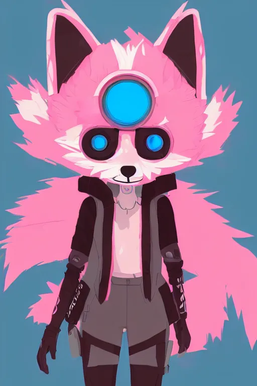 Image similar to a cute cyberpunk anthropomorphic fox with pink fur and blue eyes and a fluffy tail, comic art, trending on furaffinity, cartoon, kawaii, backlighting, furry art!!!, cel shading, concept art, lineless