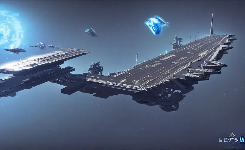 Image similar to cyberpunk aircraft carrier cargo ship strongly resembling industrial spaceship design concept art in space, by david levy, eve online, elite dangerous, artstation