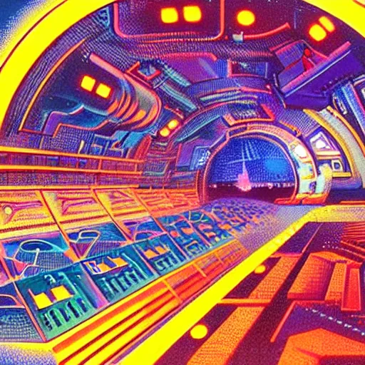 Prompt: a retro-futurist techno-optimist vision of a vast interior space station docking port full of intricate greebles and tiny rgb led lights everywhere that look like fractal circuitboards from the 1970s and 1980s technological style, rendered in classic technicolor cinematic matte painting by masterpiece scifi illustrator Gordon Leight
