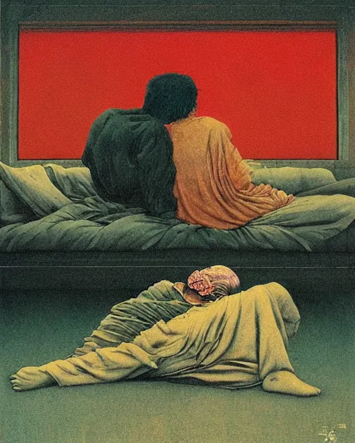 Image similar to early color photo of an old dead couple sitting on a couch in an old soviet apartment and looking at the scared enlightened boy flying up in sky, Beksinski impasto painting, part by Adrian Ghenie and Gerhard Richter. art by Takato Yamamoto, masterpiece