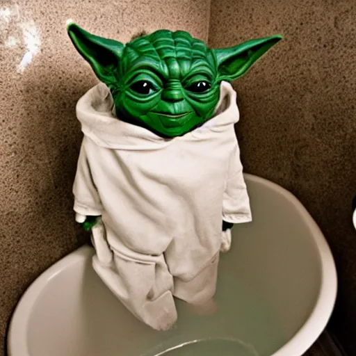 Image similar to sad yoda in bathtub