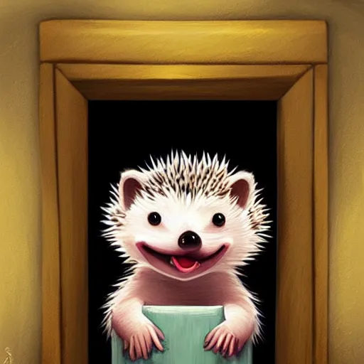 Prompt: cute adorable hedgehog opening the door, shy hedgehog, blushing, waving, smiling, cute, hedgehog, by cyril rolando