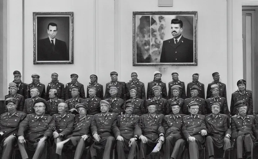 Prompt: 50s movie still full-lenght portrait of soviet generals sit at the parlement, by Alexei Guerman , Cinestill 800t 35mm black and white, heavy grainy picture, very detailed, high quality, 4k, HD criterion, precise texture