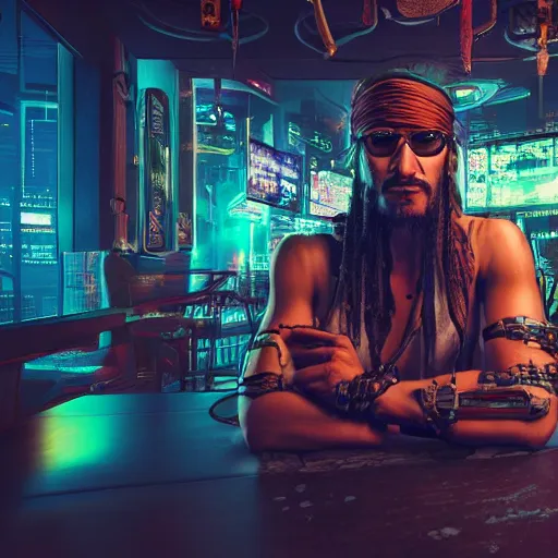 Image similar to high quality portrait of a pirate with four arms in a cyberpunk cyberpunk cyberpunk cafe, realism, 8k, award winning photo