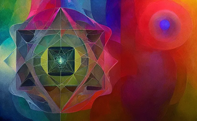 Prompt: a painting of a sacred geometry trending on artstation in the style of greg rutkowski, 3 d, fractal, 4 d, endless, rainbow, geometric tesseract, symmetry, wallpaper, sacred, 5 d, circle, watercolor