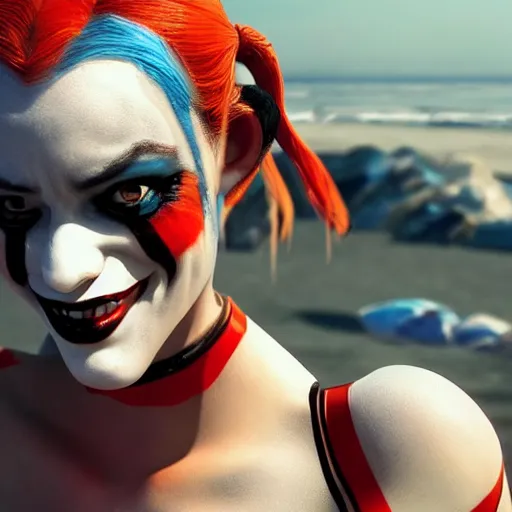 Prompt: harley quinn at the beach 4 k detailed super realistic