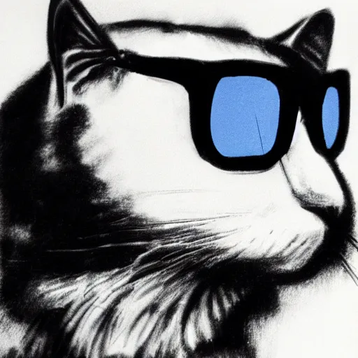 Prompt: black and white sketch of cat in sunglasses by yves klein created at contemporary in 4 k ultra high resolution, with inspiring feeling