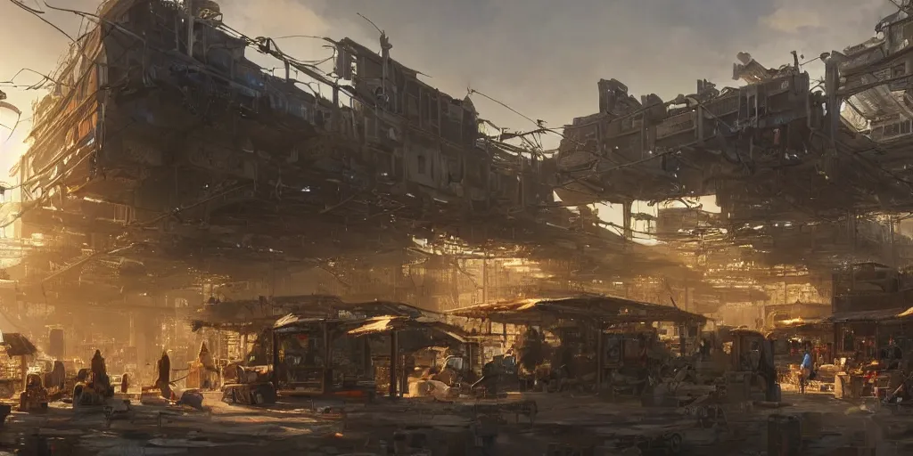 Prompt: screenshot of a marketplace in a honeycombed makeshift city, dappled light, colossal arcing metal megastructures high in the sky, beautiful, awe inspiring, fps, by james gurney, greg rutkowski, sparth, cinematography, cinematic masterpiece