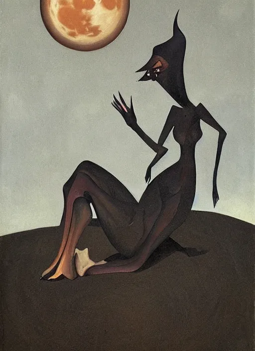 Prompt: surrealism, low polygon, a dark witch in front of the full big moon, painting by abercrombie, gertrude