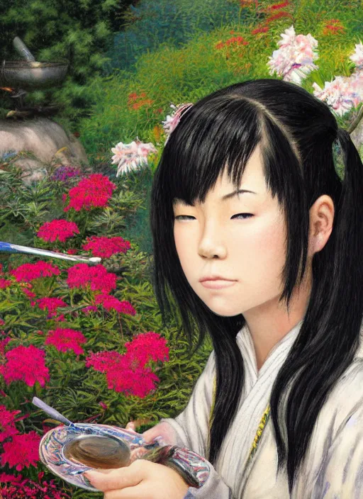 Prompt: close-up portrait of young japanese-american sorceress, with black pigtails, with round face, with small eyes, with small nose, with armless shirt, in a garden,, painting in the museum, highly detailed, sharp focus, digital painting, artwork by Kinkade, by Victor Adame Minguez by Yuumei by Tom Lovell by Sandro Botticelli