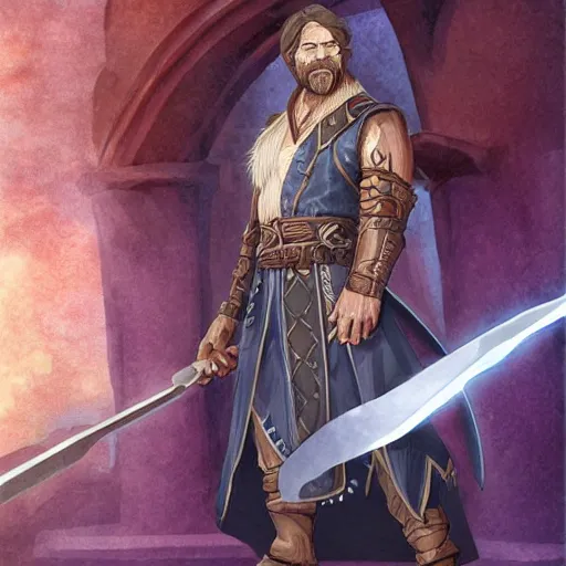 Image similar to Young bearded Tarski Fiume, half-elf Time Wizard, iconic character art by Wayne Reynolds for Paizo Pathfinder RPG