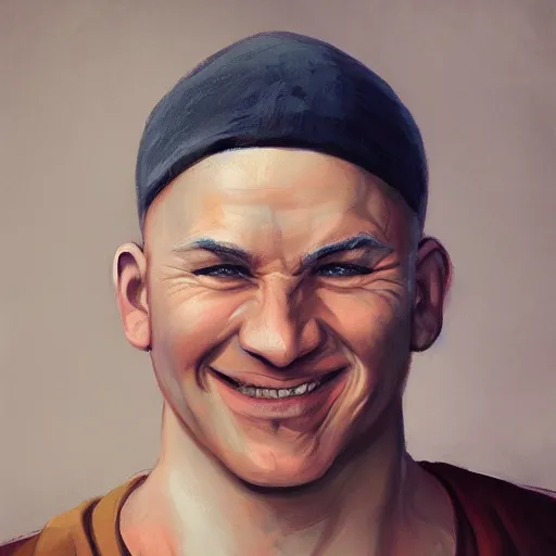 Prompt: a head - on detailed oil portrait of a round - faced bald male monk with a friendly smile, by charlie bowater, lise deharme, wlop, trending on artstation, dungeon and dragons art, critical role