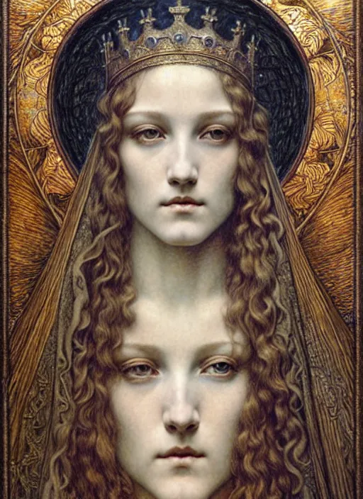 Image similar to detailed realistic beautiful young medieval queen face portrait by jean delville, gustave dore and marco mazzoni, art nouveau, symbolist, visionary, gothic, pre - raphaelite. horizontal symmetry