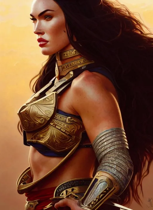 Image similar to portrait of megan fox as gladiator, roman, shield, arena, intricate, headshot, highly detailed, digital painting, artstation, concept art, sharp focus, cinematic lighting, illustration, art by artgerm and greg rutkowski, alphonse mucha, cgsociety