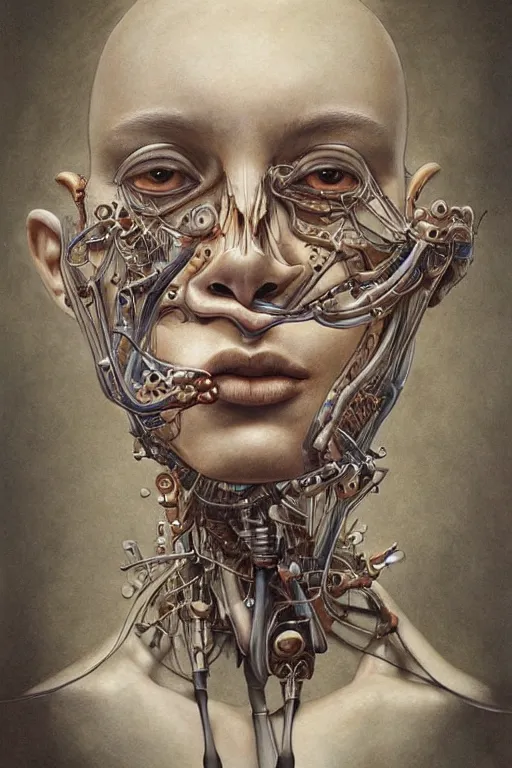 Prompt: beautiful portrait of biomechanical being by marco mazzoni, otomo katsuhiro, remnev andrey, detailed, realistic skin color