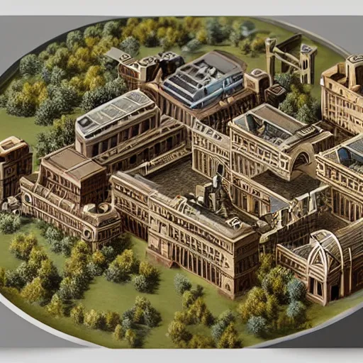 Prompt: a isometric diorama of a univeristy and campus, steampunk architecture