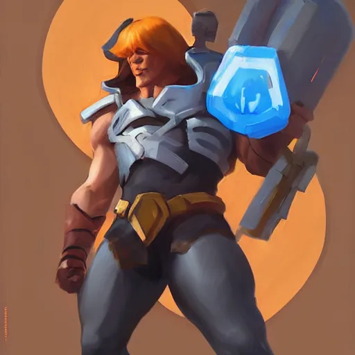 Image similar to greg manchess portrait painting of he - man as overwatch character, medium shot, asymmetrical, profile picture, organic painting, sunny day, matte painting, bold shapes, hard edges, street art, trending on artstation, by huang guangjian and gil elvgren and sachin teng