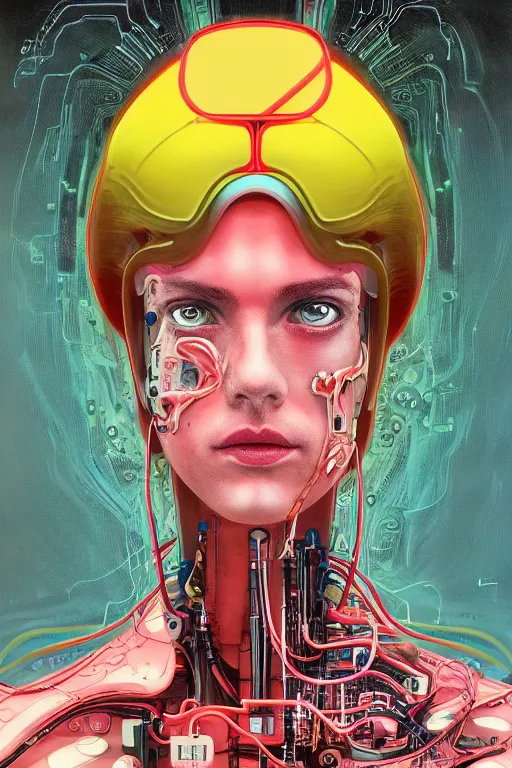 Prompt: portrait of computer & circuits, melting, jojo kakyoin, 8 k, by tristan eaton, stanley artgermm, tom bagshaw, greg rutkowski, carne griffiths, ayami kojima, beksinski, giger, trending on deviantart, face enhance, hyper detailed, minimalist, cybernetic, android, blade runner, full of colour, super detailed