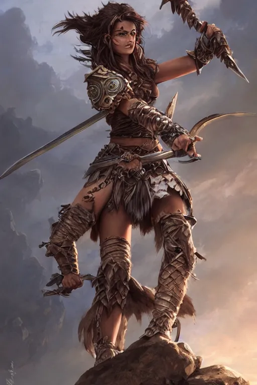 Prompt: Female barbarian, heavy brown metallic armor, swords, gorgeous and beautiful, light brown messy hair, dark skin, brown eyes, detailed face, battle stance, high fantasy, extremely detailed, alone, on a rock, DND, D&D, matte painting, by wlop and peter mohrbacher, artstationHD