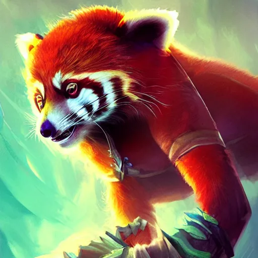 Prompt: red panda as dota 2 character, digital illustration portrait design, by android jones and greg rutkowski, retrowave color scheme, detailed, cinematic lighting, wide angle action dynamic portrait