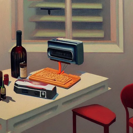 Prompt: an achingly beautiful still life featuring tillamook cheese, and red wine and an old computer , very coherent, painted by Edward Hopper, Wayne Barlowe, painted by James Gilleard, airbrush, art by JamesJean