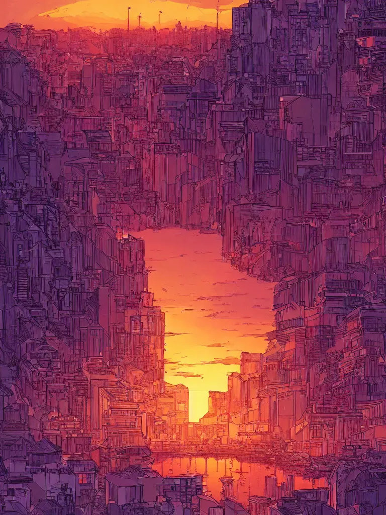 Prompt: a digital art of sunset, a metropolis beside the river, by laurie greasley, artstation, studio ghibli color scheme