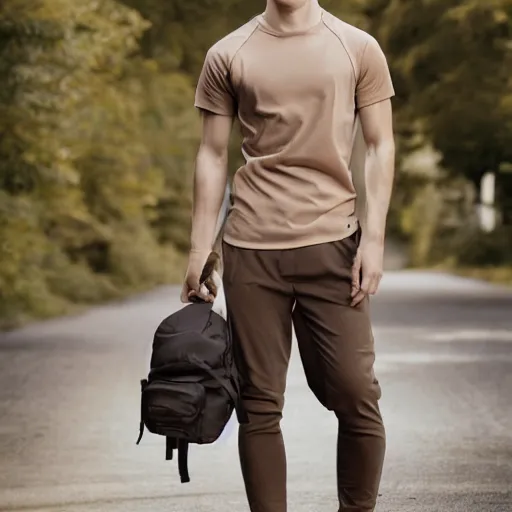 Image similar to Athletic Young man wearing a beige t-shirt and military backpack, Professional photography, Photorealism - W 768