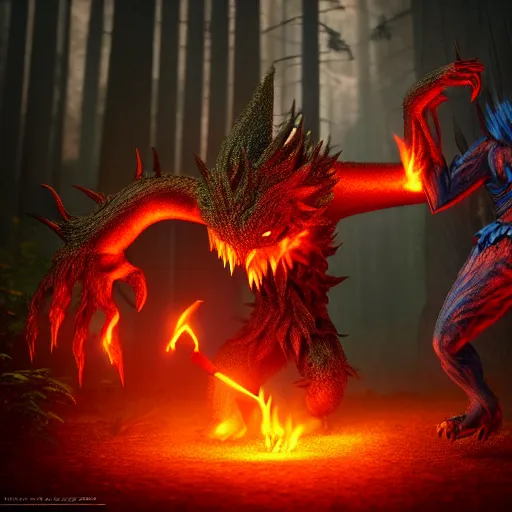 Prompt: fire magician fighting a monster in a misty forest, by final fantasy, inspired by final fantasy, highly detailed, trending on artstation, 4 k, ultra detailed, soft light, sharp focus